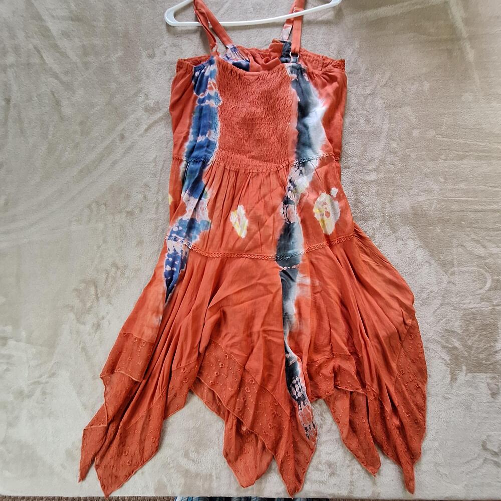 L.S.I. Dress Womens L/XL Orange Tie Dye Smocked Handkerchief Hem Summer Boho